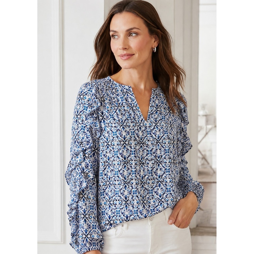 NWT White House Black Market Blue Mediterranean Tile Ruffle Sleeve Blouse M